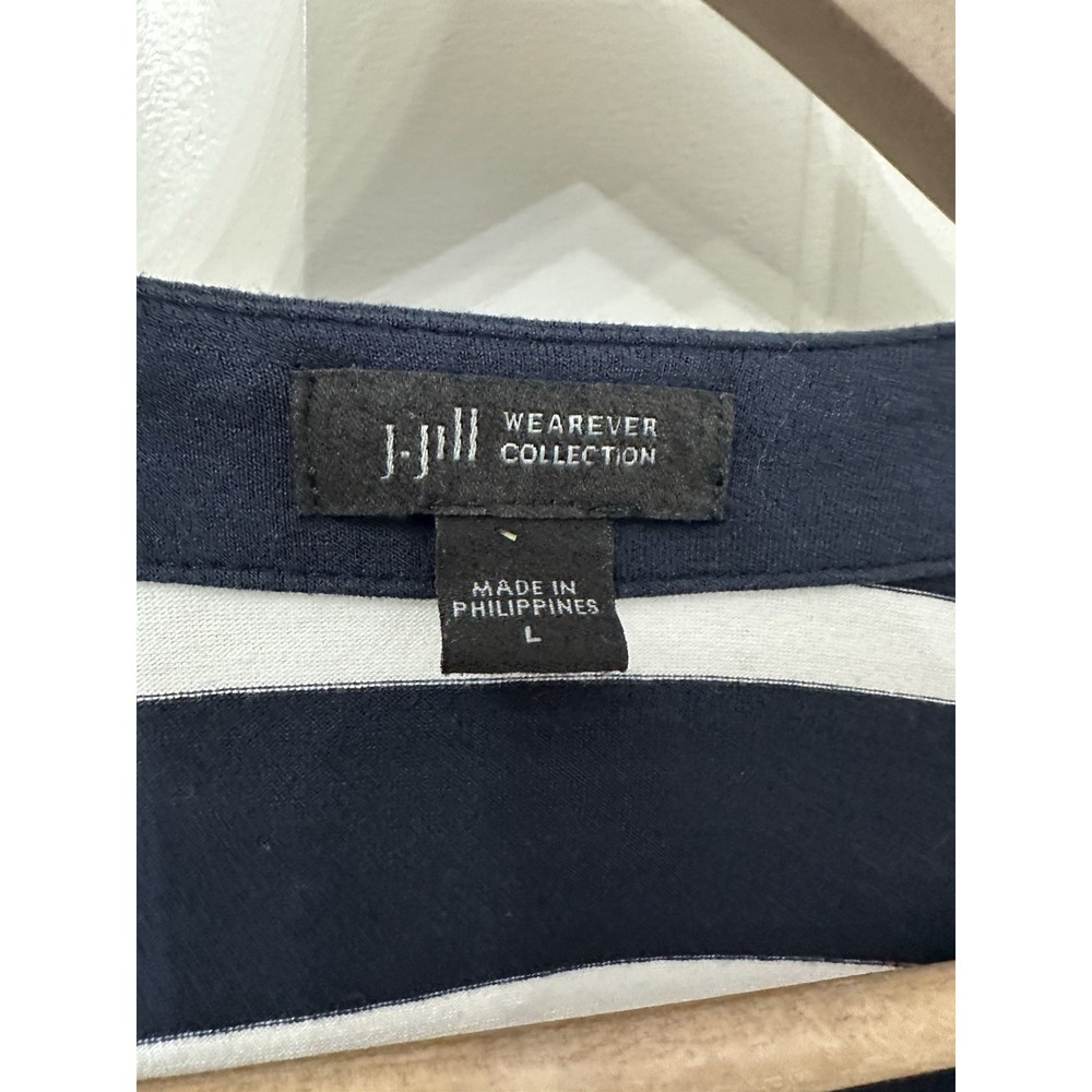 J. Jill Wearever Cardigan L Navy Blue White Striped Longline Single Button 628 - Picture 2 of 5